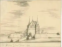 De stenen Buiten-Apoort uit 1553 in het Marwixrondeel, getekend naar de situatie in 1592 (Stellingwerff, ca. 1725). Afgebroken rond 1620.