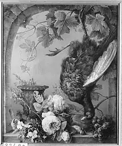 Stilleven met bloemen en dode fazant