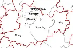 De zes Gemarkungen (stadsdelen) van Straubing