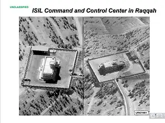 Een Amerikaanse luchtaanval op een commandocentrum van ISIL in Ar-Raqqah (Syrië) op 23 september 2014. Meer dan 13.000 strijders uit meer dan 80 landen hadden naar verluidt ISIL's en ANF's rangen versterkt.