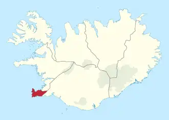 Ligging van Suðurnes (rood) binnen IJsland