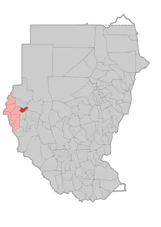 Het district Jebel Marra op een kaart van Soedan voor de afscheiding van Zuid-Soedan.