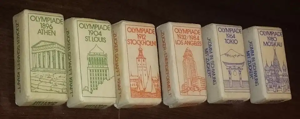 Balkvormige suikerklontjes, verpakt met Olympische Spelen als motief