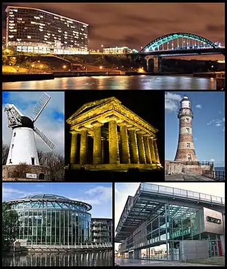 Sunderland. V.l.n.r.: Echo 24 met de Wearmouth Bridge, de Fulwell Mill, het Penshaw Monument, de Roker Lighthouse, het Sunderland Museum en de Winter Gardens, en het National Glass Centre.