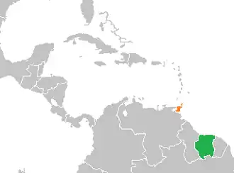 Kaart met daarop Trinidad en Tobago en Suriname