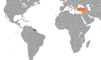 Kaart met daarop Suriname en Turkije