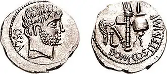 Denarius uit 39 v.Chr. met afbeelding van Gnaius Domitius Calvinus.