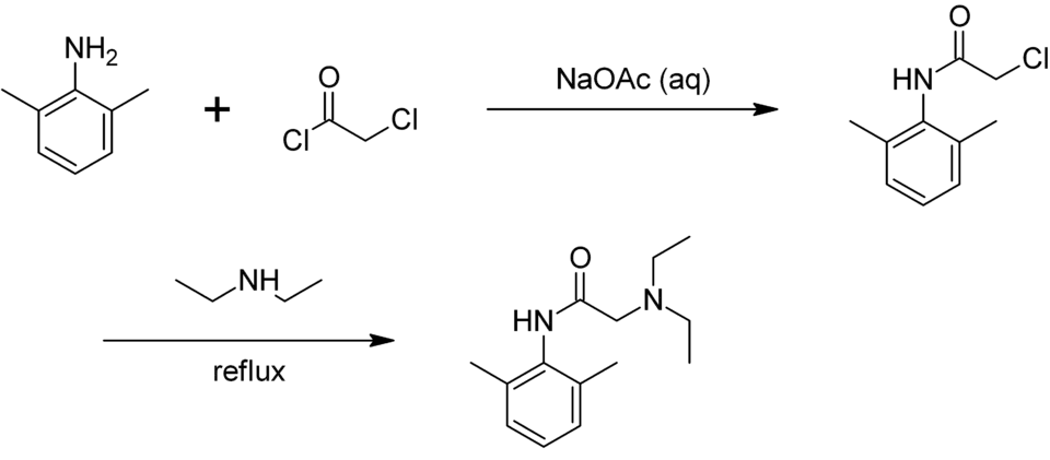Synthese van lidocaïne met behulp van chlooracetylchloride.