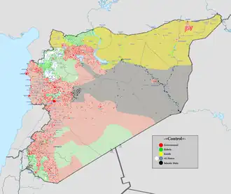 Kaart van de Syrische Burgeroorlog. Het rode gebied is in handen van de regering, het gele in handen van Koerdische rebellen, het groene in handen van de overige rebellen, het grijze in handen van IS en het witte in handen van Al-Nusra.