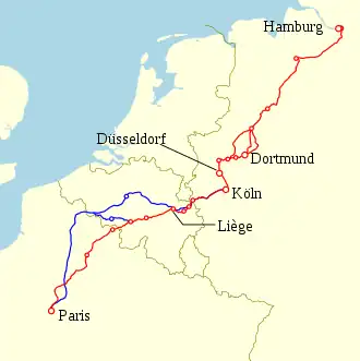 TEE Parsifal (rood) en Thalys (blauw)