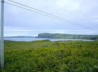 Het dorp gezien vanuit het westen met in zee enkele kleine ijsbergen