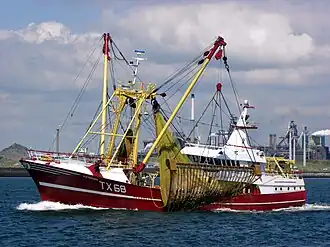 Een boomkorkotter van Texel vaart de haven IJmuiden uit