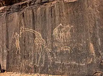 jager met giraffen; tifinagh en Arabische inscripties