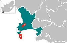 N.P. Tafelberg, T=Tafelberg, B=Boulders Beach, K=Kaap de Goede Hoop