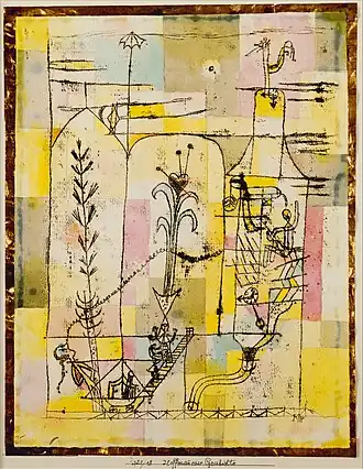 Afbeelding van het werk Tale à la Hoffmann van Paul Klee uit 1921. Het werk bestaat uit kleurvlakken in het geel, roze, blauw en wit. Daaroverheen zijn met zwarte inkt eenvoudige tekeningen aangebracht van mensfiguren en planten.