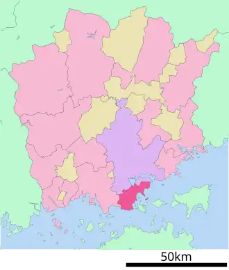 Situering van Tamano in de prefectuur Okayama