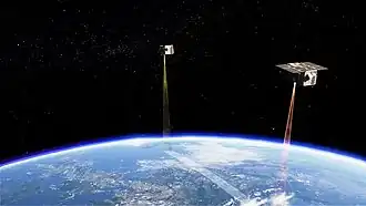 De Nederlandse Tango-missie (lancering 2026) bestaat uit twee satellieten die samen de broeikasgassen CO2 en methaan opspeuren op facilitietsniveau. De eerste satelliet (Tango-nitro) detecteert NO2, dat dient als tracergas omdat het vaak samen met methaan en CO2 wordt uitgestoten en beter zichtbaar is doordat er minder van aanwezig is in de atmosfeer. De tweede satelliet (Tango-carbno) vliegt enige tijd later over hetzelfde gebied en kan vervolgens gericht naar de methaan- en CO2-pluimen kijken. Credit: Oculus Films (SRON)