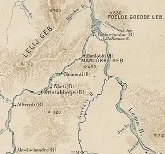 Poeketi (aangegeven als Piketi) aan de rivier Tapanahony op een kaart uit 1913
