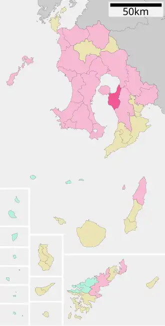 Situering van Tarumizu in de prefectuur Kagoshima