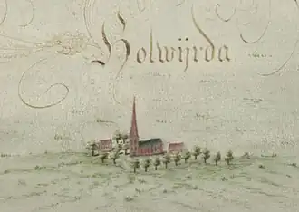 De juffertoren van Holwierde op een kaart van Henricus Teysinga uit 1738. Gesloopt in de tweede helft van de 19e eeuw.