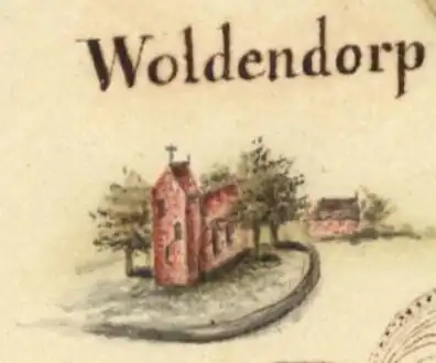 De kerk van Woldendorp met de in 1855 afgebroken toren op een kaart van Henricus Teysinga uit 1731