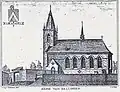 Tekening van de Onze-Lieve-Vrouw kerk van Bellingen, Everaert en Bouchery 1870