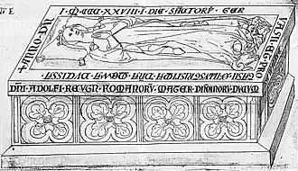 De graftombe van Mechtild van Nassau in Klooster Klarenthal bij Wiesbaden, tekening door Heinrich Dors uit zijn Epitaphienbuch (1632)