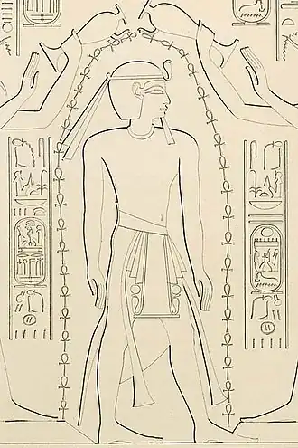 Twee goden gieten het leven uit over farao Ramses XI Tekening door Karl Richard Lepsius Kamer E in de tempel van Chonsoe in Karnak