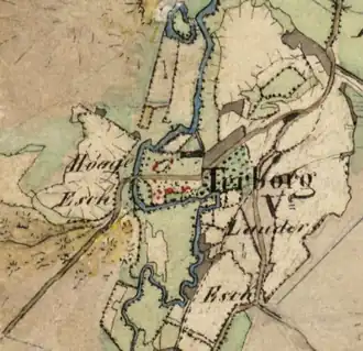 Ter Borg op de kaart van 1852 met een nog sterk meanderende Ruiten-Aa