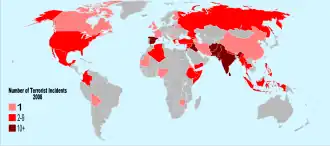 Landen waar in 2008 terreurdaden gepleegd werden.