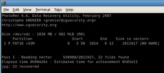 Demonstratie van PhotoRec die loopt op Linux