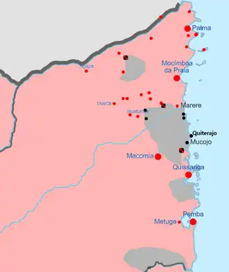 In grijs het gebied in Cabo Delgado onder controle van Ahlu Sunnah Wa-Jama