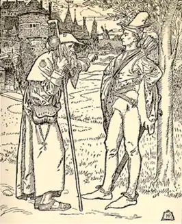 David van Doncaster (rechts) en een oude pelgrim, afgebeeld door Howard Pyle in The Merry Adventures of Robin Hood of Great Renown, in Nottinghamshire uit 1911