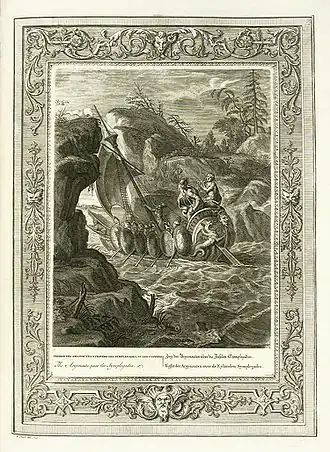 Gravure van de Argonauten die de Symplegaden passeren. Bernard Picart, 1733