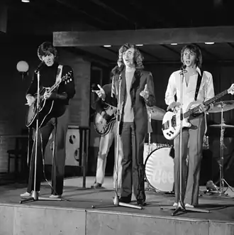 Een optreden van The Bee Gees in 1968 op de Nederlandse televisie. V.l.n.r. Barry, Robin & Maurice.