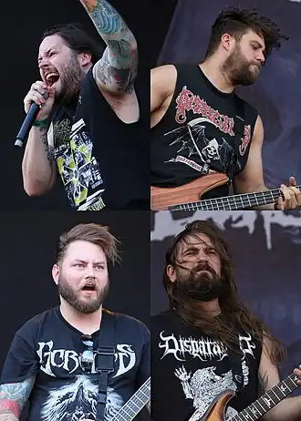 The Black Dahlia Murder in 2014. Met de klok mee vanaf linksboven: Trevor Strnad, Max Lavelle, Ryan Knight en Brian Eschbach.