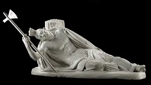 The Dying Tecumseh, sculptuur van Ferdinand Pettrich; marmer, 1856. Smithsonian American Art Museum. Beschrijving: "Grand Chief van de West-Indiërs. Viel in de Slag om de Thames 1813"