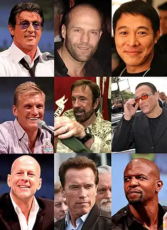 Hoofdrolspelers van de film, van links naar rechts Sylvester Stallone, Jason Statham, Jet Li, Dolph Lundgren, Chuck Norris, Jean-Claude Van Damme, Bruce Willis, Arnold Schwarzenegger en Terry Crews