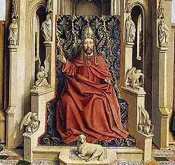 Christus op zijn troon met het Lam Gods aan zijn voeten