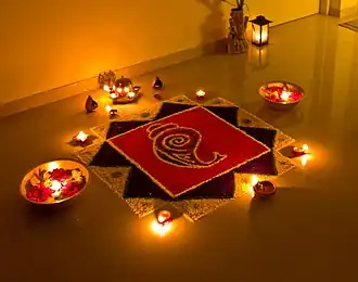 Rangoli versiering tijdens Divali