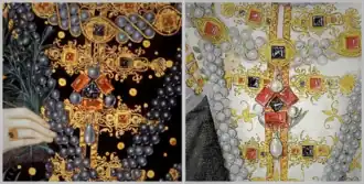 links : het Ermine Portret, c. 1585 ; rechts : Elizabeth I van Engeland die een olijftak vasthoudt (c. 1587)