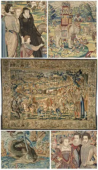 Het tapijt Départ de la Cour du château d'Anet te midden van details van vier andere Valoistapijten. Linksboven Catharina de' Medici (met dwerg) en schoonzoon Hendrik van Navarra. Rechtsonder Catherina's dochter Margaretha van Valois, een ongeïdentificeerd persoon en Catherina's zoon Frans van Anjou. De "olifant" en "walvis" dienden ter vermaak op Catharina's feesten.