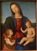 1503 Madonna Diotallevi. De baby Jezus zegent Johannes, die een kruisstaf in de hand heeft.
