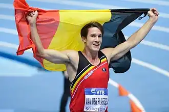 Thomas Van Der Plaetsen viert zijn bronzen medaille op de WK indoor in Sopot, 2014