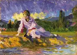 Vrouw in roze kleed bij de rivier (z.j.)