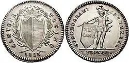 Muntstuk van één Ticinese frank uit 1813.