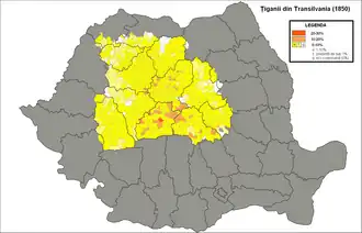 Verspreiding van de Roma in Transsylvanië (1850)
