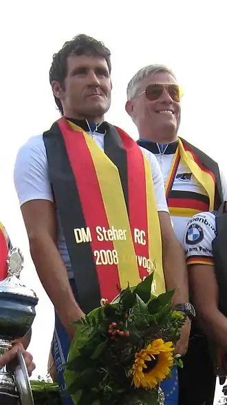 Timo Scholz bij het Duits kampioenschap stayeren in 2008 met gangmaker Peter Bäuerlein