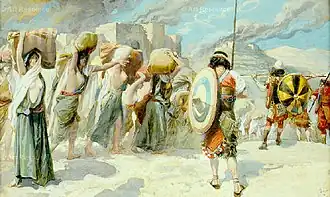 Midjanitische vrouwen, kinderen en vee worden gevangen genomen door Israëlitische soldaten nadat alle Midjanitische mannen zijn gedood en hun steden afgebrand. Aquarel James Tissot (ca. 1900).