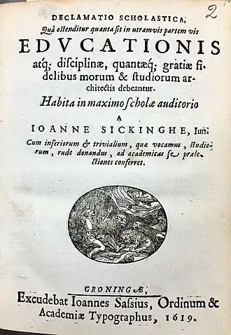 De titelpagina van de toespraak van Johannes Sickinghe (1602) bij zijn afscheid van de Latijnse school in 1619